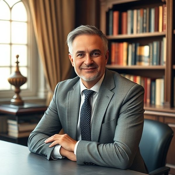 Portrét finančního poradce u pracovního stolu s knihovnou v pozadí